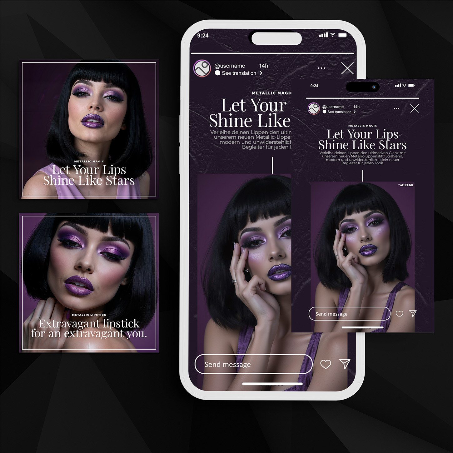Instagram-Stories und Posts für eine Make-up-Marke in Violett
