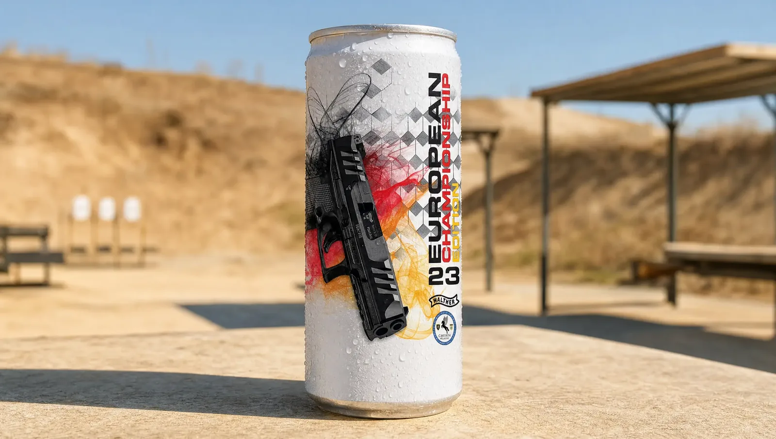 Getränkedose von Carl Walther zur IPSC-Europameisterschaft 2023 in Deutschlandfarben auf dem Schießgelände