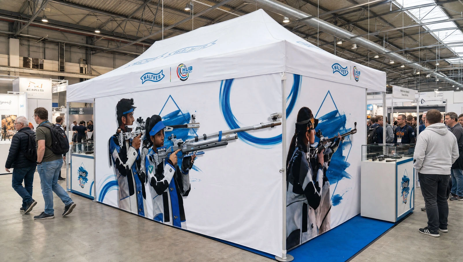 Zeltstand von Carl Walther und HUB Sports in Indien, Außenansicht