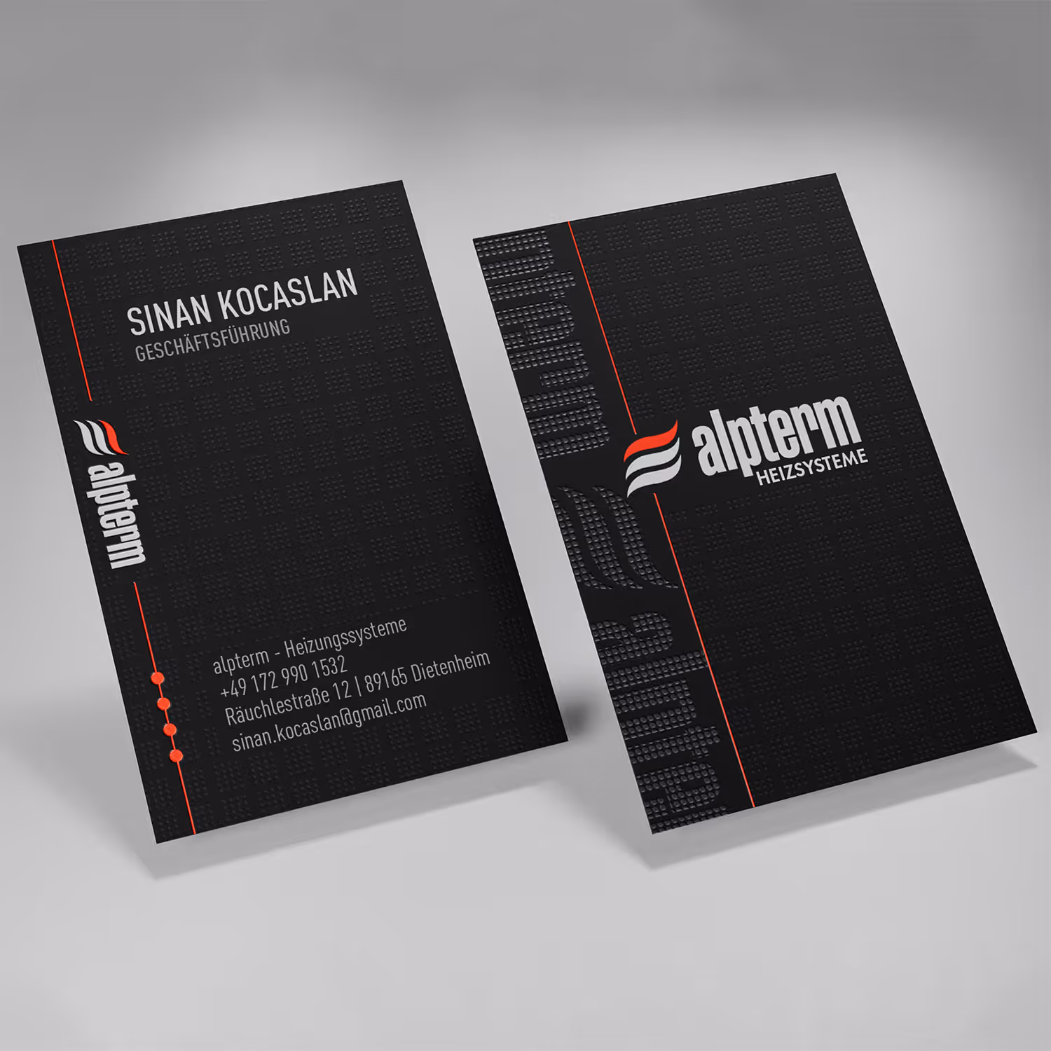 Vorder- und Rückseite der Visitenkarten für alpterm Heizsysteme