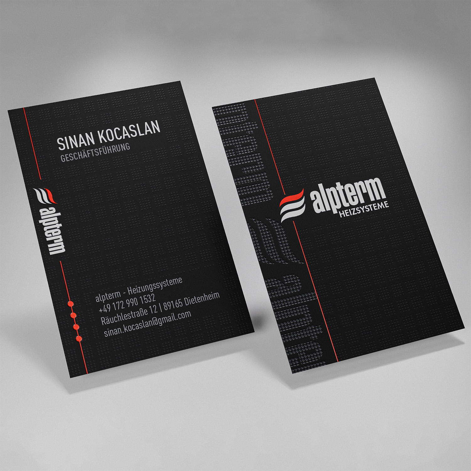 alpterm Heizsysteme - Professionell gestaltete Visitenkarte für einen Heizungsvertrieb - Visitenkartendesign - Grafikdesign - Freelancer Duo Wisckow Vision / LODesign aus Ulm