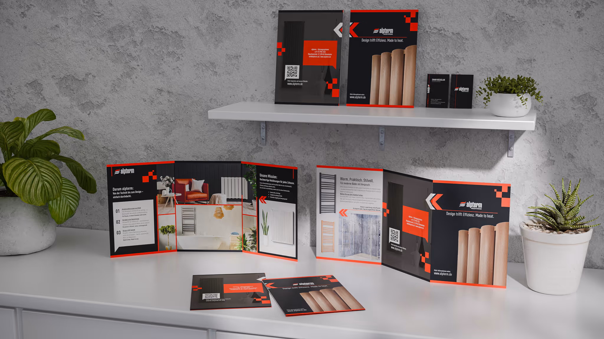 3D-Visualisierung eines sechsseitigen Flyers und der Visitenkarten für alpterm Heizsysteme