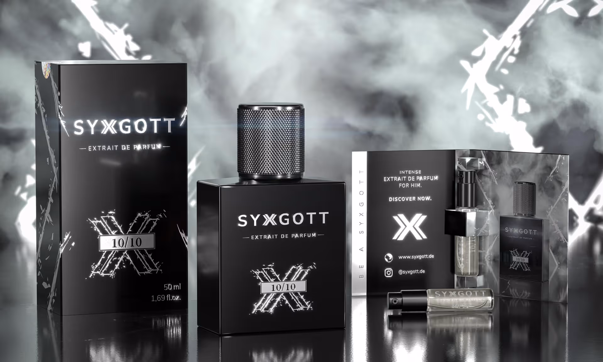 3D-Rendering der Produktreihe „10 von 10“ von syxgott mit Flakon, Verpackung und Probeheft