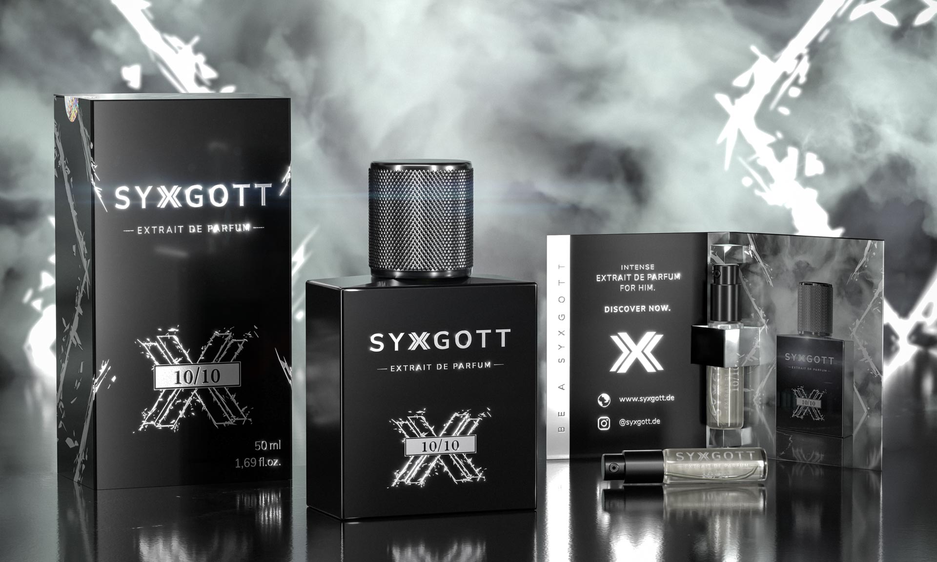 Hochwertiges 3D-Rendering eines Parfums von syxgott mit Logodesign - Rendering, Produktvisualisierung, Grafikdesign, Printdesign Wisckow Vision / LODesign Kreativduo Ulm