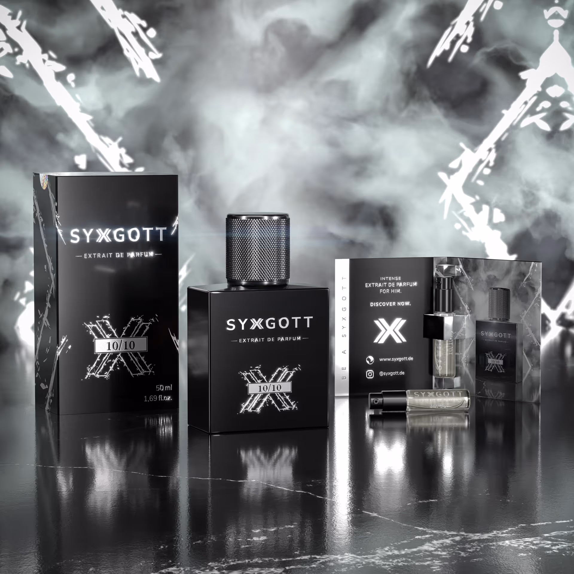 Produktdarstellung „10 von 10“ von syxgott mit Flakon, Verpackung und Probeheft als 3D-Rendering