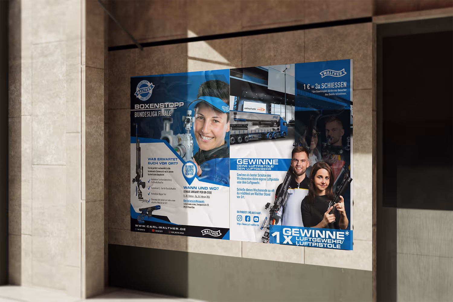 Veranstaltungsplakate für das Bundesliga-Finale im Sportschießen und Gewinnspielplakat für eine Carl Walther Luftpistole beim Bundesliga-Finale