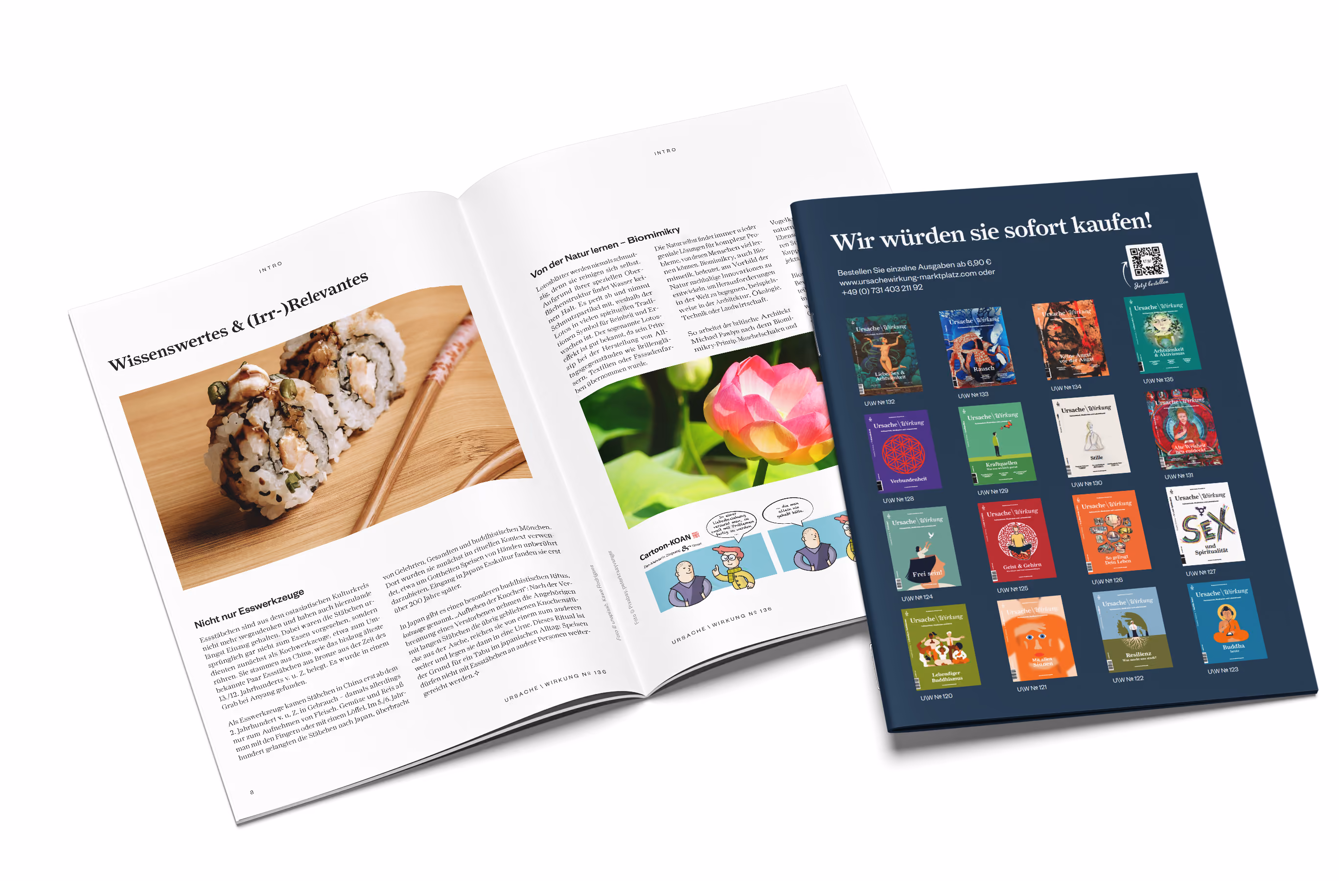 Doppelseite aus dem Magazin Ursache\Wirkung mit Bildstrecke und Textspalten