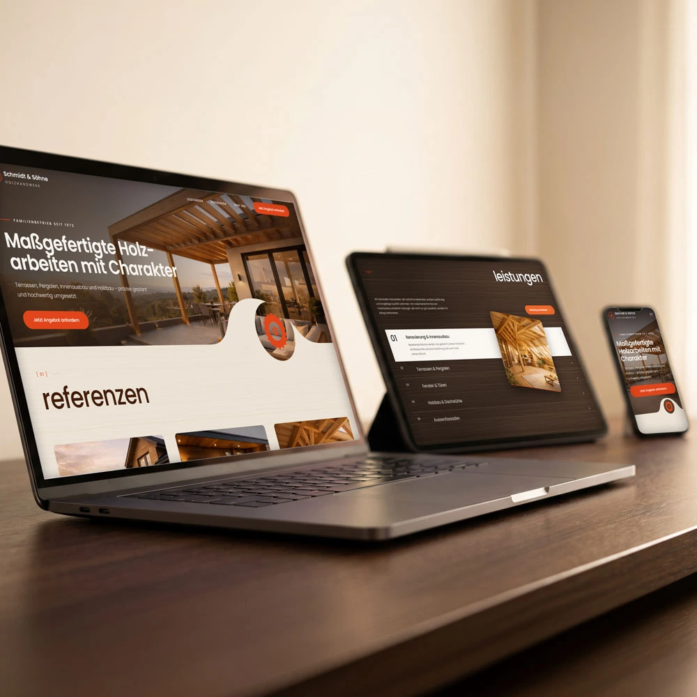 Konzeptbeispiel Schmidt und Söhne Holzbau, Startseite und Leistungen auf Laptop, Tablet und Smartphone