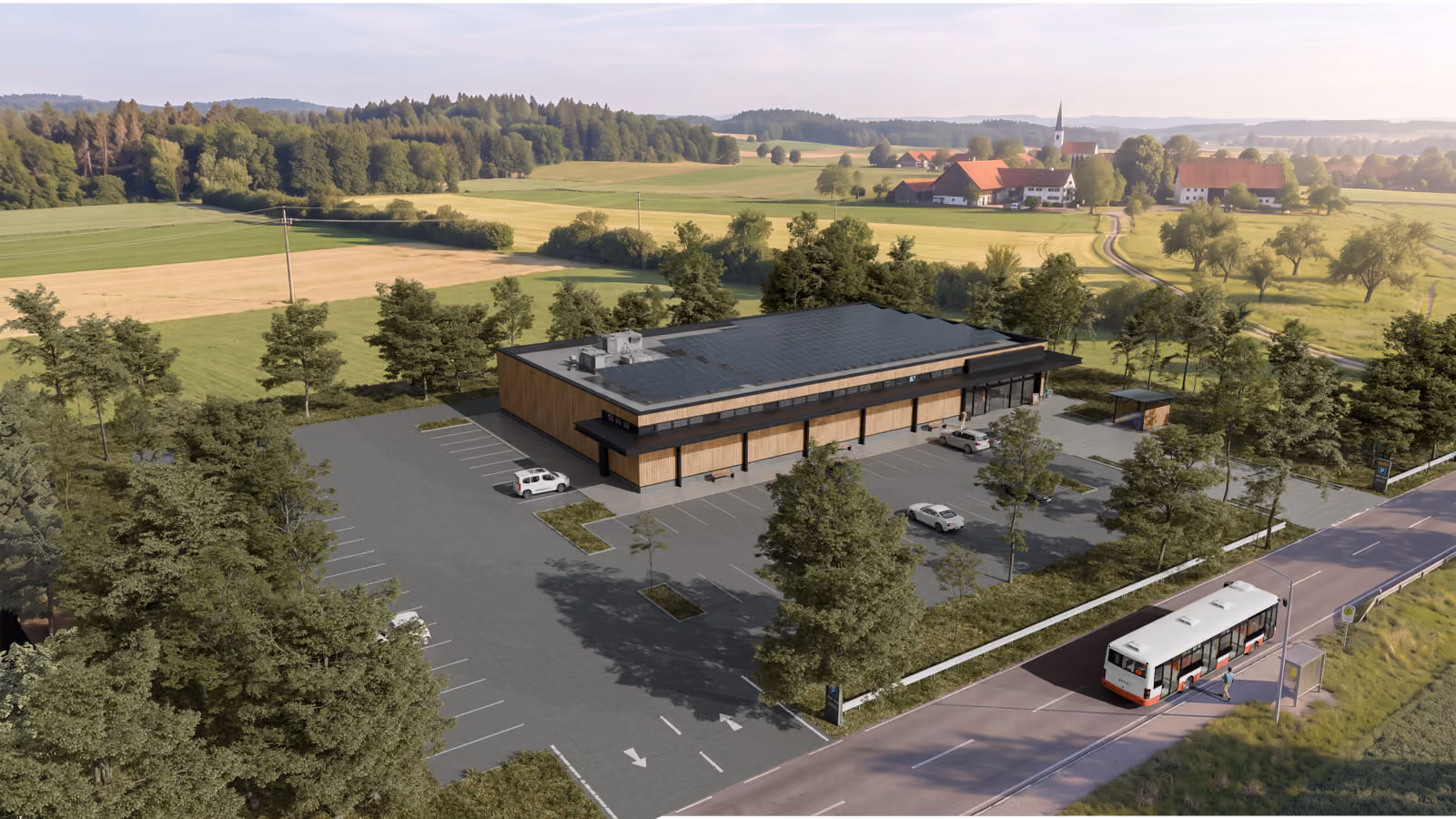 Architekturvisualisierung eines Supermarkts in der Landschaft aus der Vogelperspektive