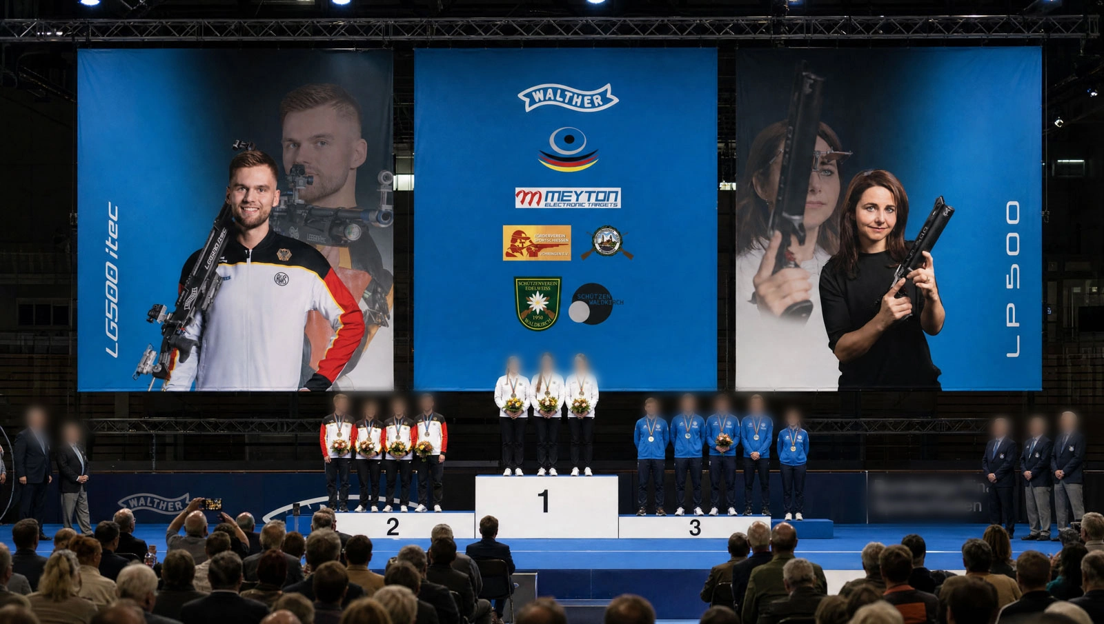 Bühnenbanner von Carl Walther hinter den Siegerpodesten beim Bundesliga-Finale 2024 für die ratiopharm arena in Neu-Ulm