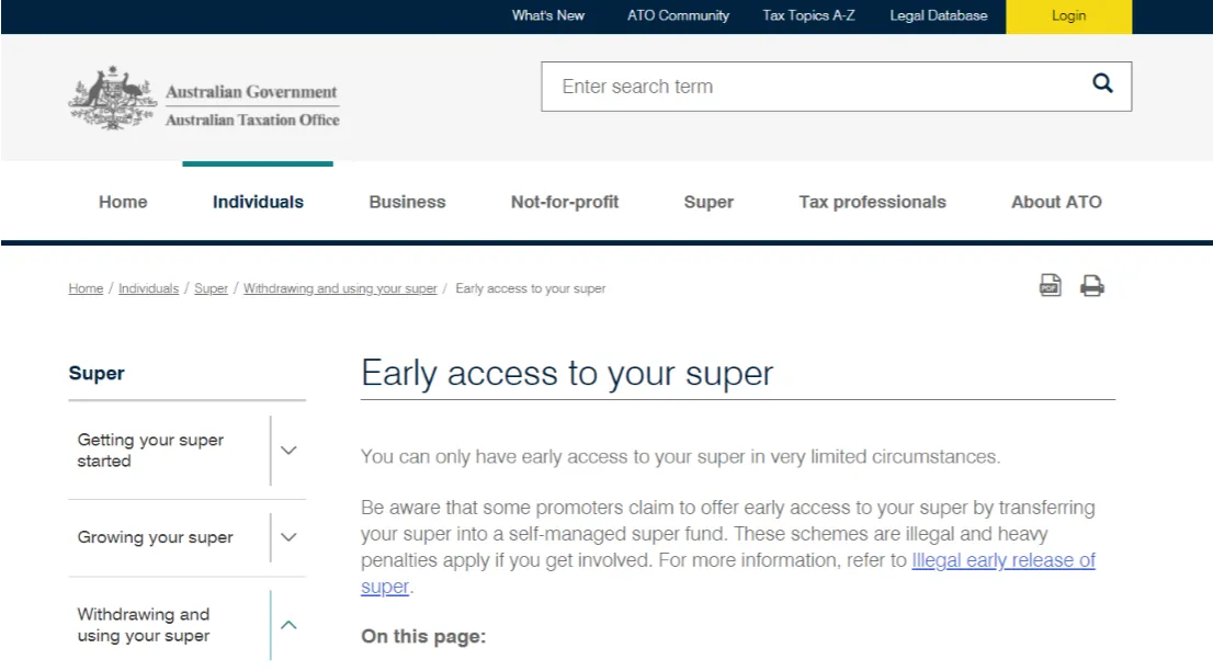 Screenshot of the ATO website’s ‘Early access to your super’ information portal