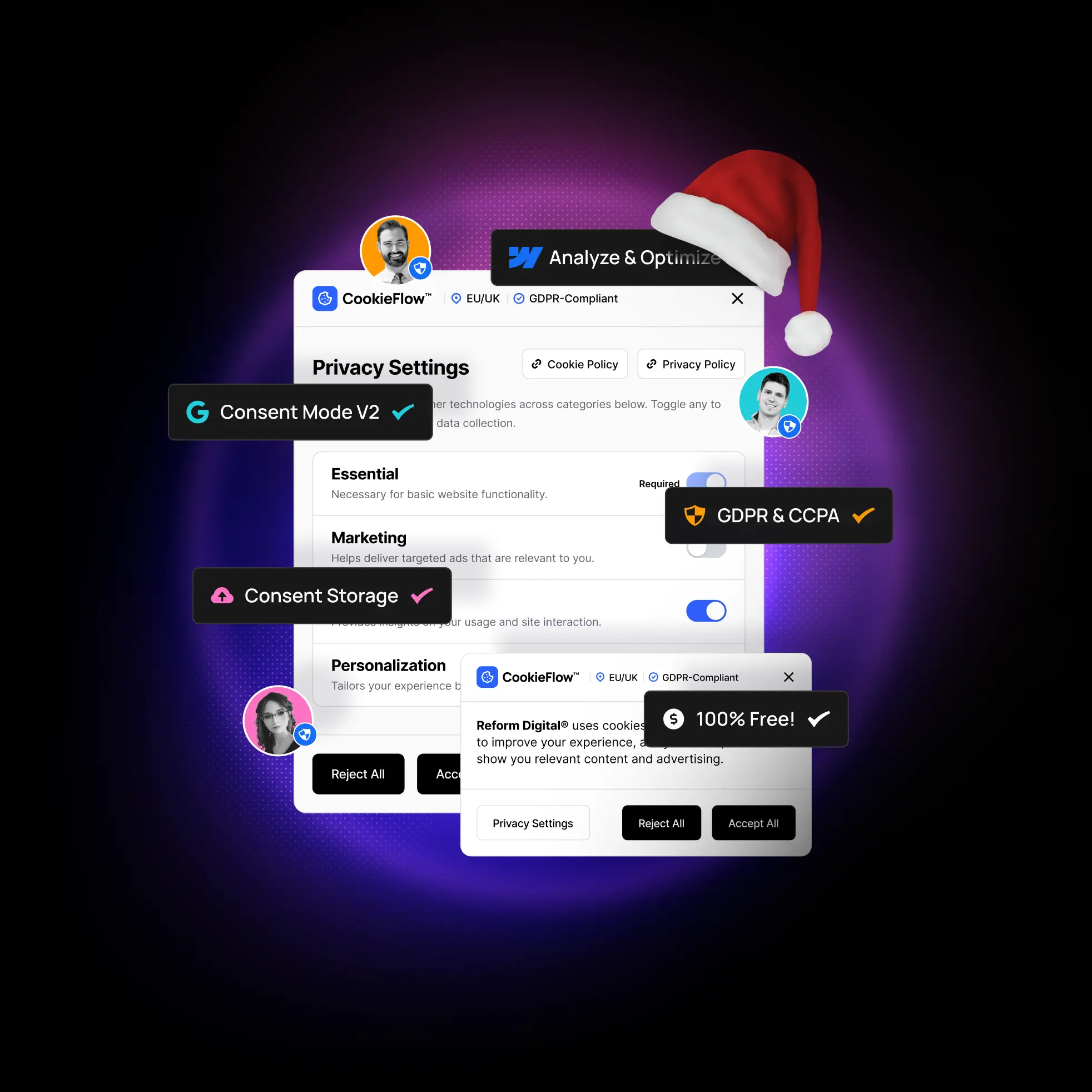 CookieFlow privacy settings interface displaying GDPR-compliant consent options with toggles for essential, marketing, and personalization cookies, user profile icons, and badges highlighting Consent Mode V2, GDPR & CCPA compliance, Consent Storage, Analyze & Optimize, and 100% free service.