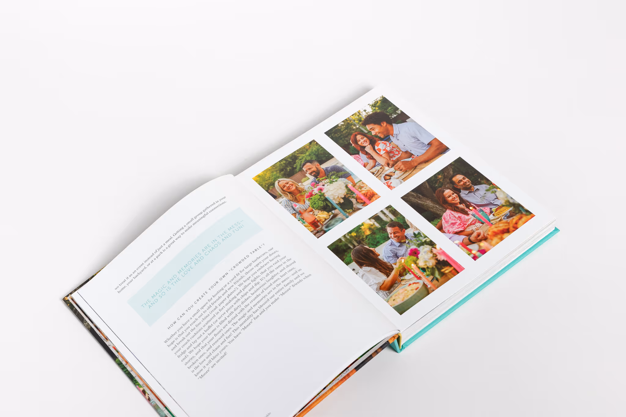 Open cookbook titled "An Intentional Home" showing page with text on left and four photos of people enjoying outdoor meals on right.