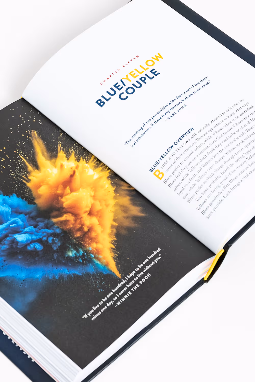 Open book spread showing chapter titled 'Blue/Yellow Couple' with blue and yellow powder explosion on the left page.
