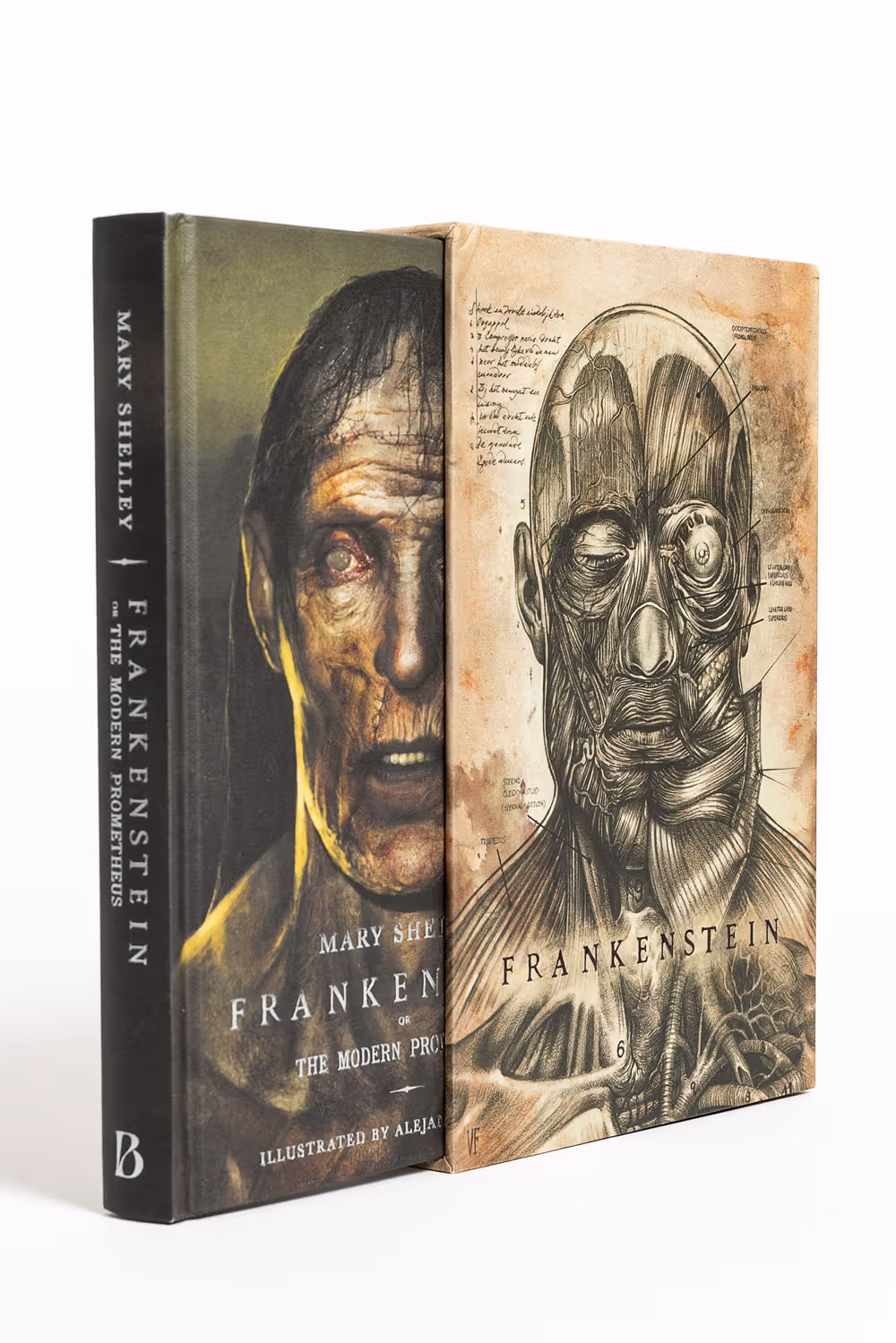 Slipcase and illustrated hardcover book of Mary Shelley's Frankenstein showing a detailed anatomical drawing of a face and a close-up of Frankenstein's monster.