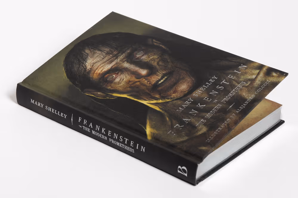 Hardcover special edition of Mary Shelley's Frankenstein with a dark, detailed illustration of the monster on the cover.