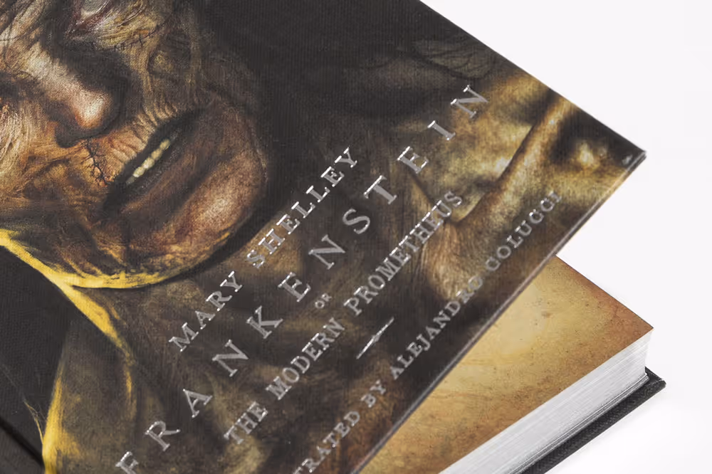 Close-up of the book cover for Mary Shelley's Frankenstein, featuring an aged, stitched face illustration and text highlighting it as 'The Modern Prometheus' with an introduction by Alejandro Dolucci.