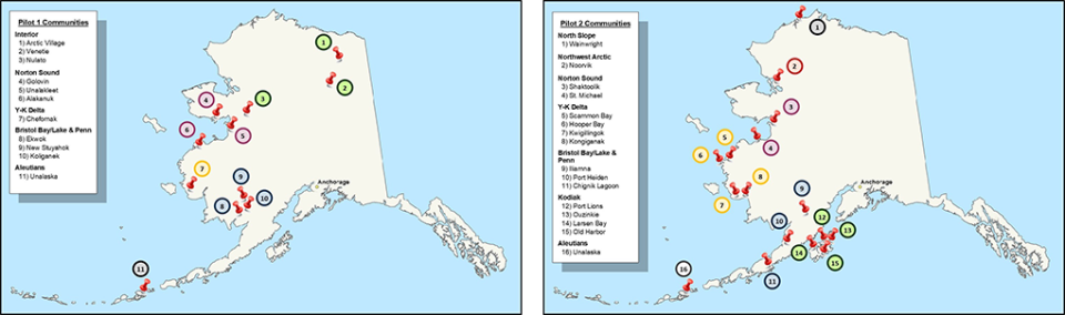 Maps showing communities served in Backhaul Alaska’s first pilot stage and second pilot stage. 
