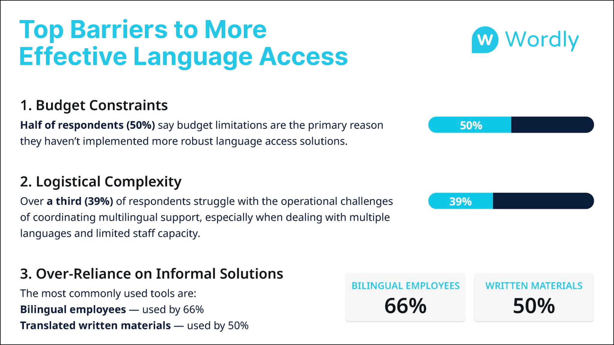 Key barriers to language access in government services, including budget limitations, staffing challenges, and over-reliance on bilingual employees and translated materials.
