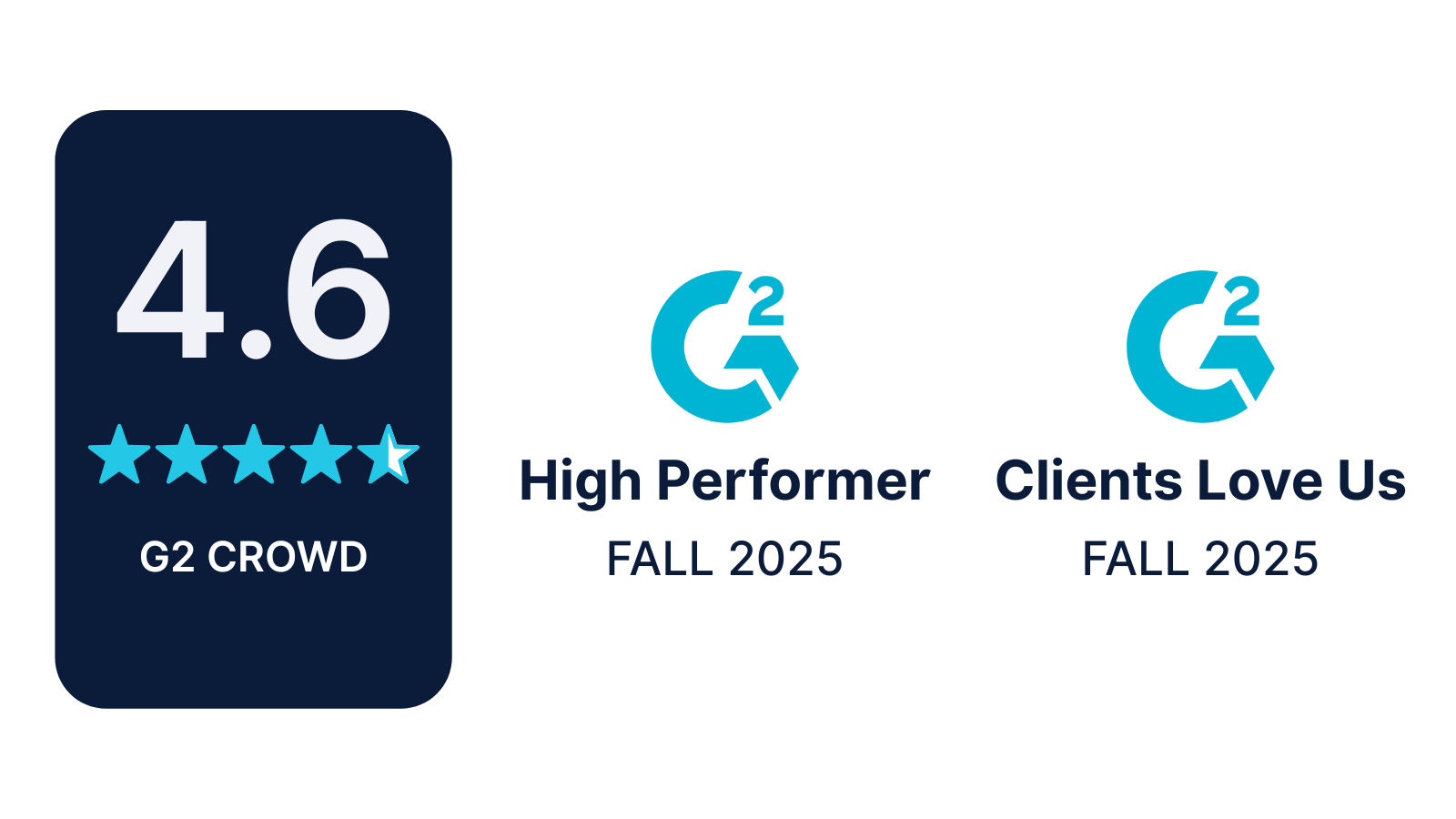 G2 Crowd rating 4.6 stars with badges for High Performer and Clients Love Us Fall 2025.