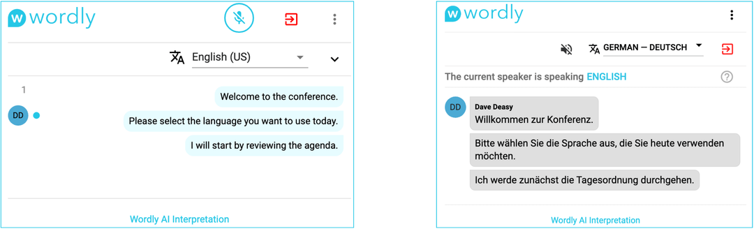 Wordly AI Translator providing real-time English to German translation and captions