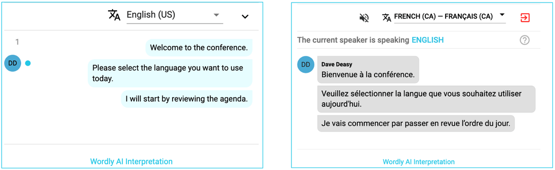 Wordly AI Translator providing real-time English to French translation and captions