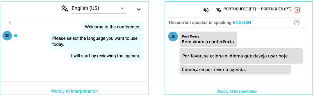 Wordly AI Translator providing real-time English to Portuguese translation and captions