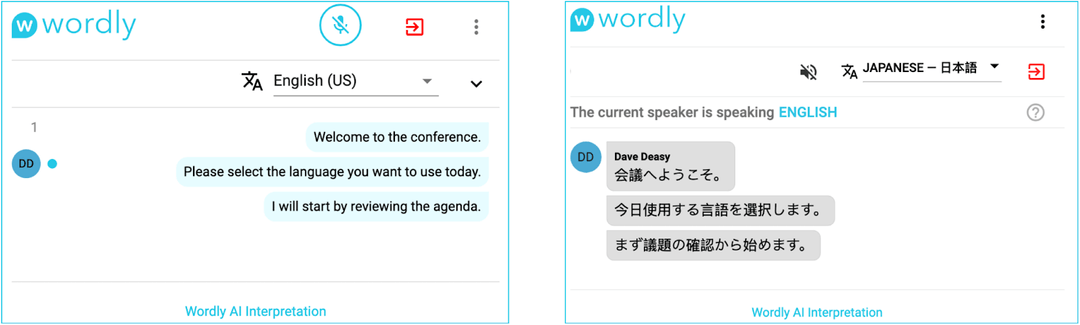 Wordly AI Translator providing real-time English to Japanese translation and captions