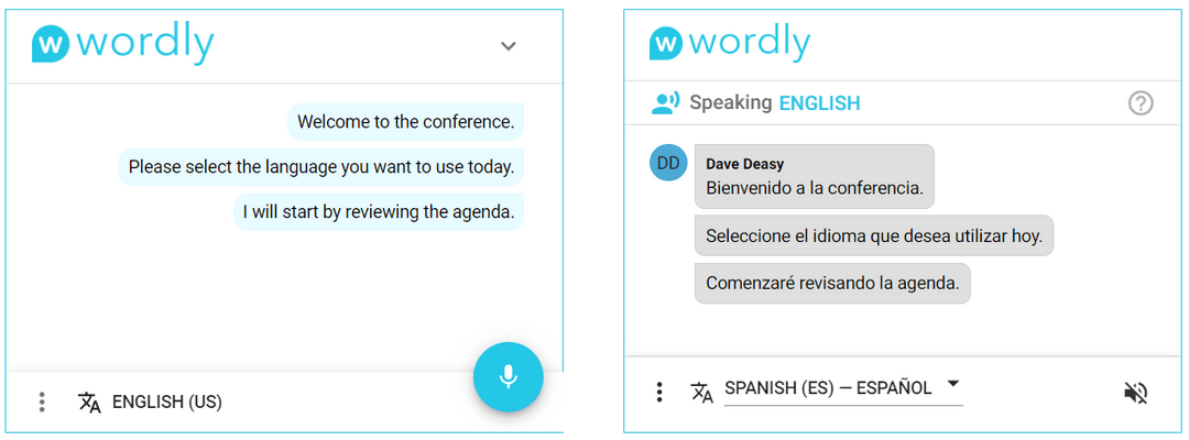 Wordly AI Translator providing real-time English to Spanish translation and captions
