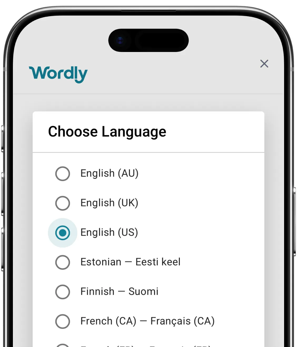 Wordly translation app language selection screen