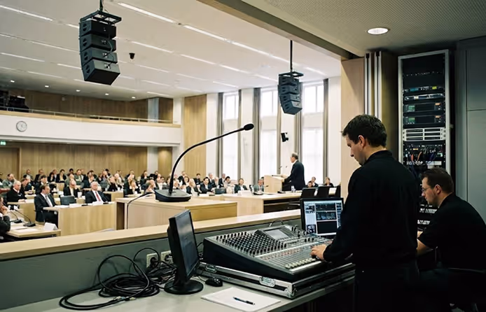 Evento en vivo con sistema AV, mezclador de audio, plataforma de reuniones