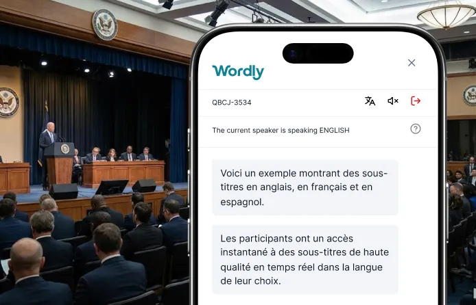 Conference audience using Wordly real-time transcription and translation
