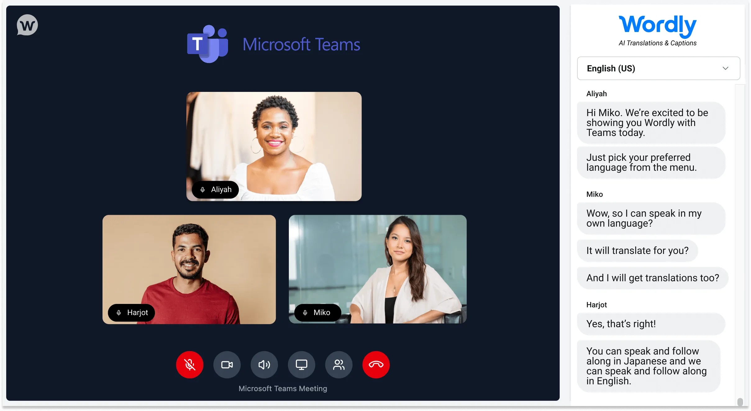 Interface de tradução do Wordly para Microsoft Teams