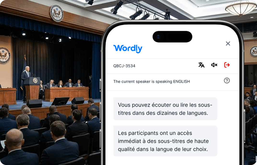 Public de la conférence utilisant la transcription et la traduction en temps réel de Wordly