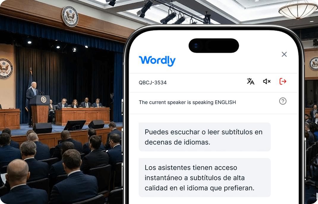 El público de la conferencia utiliza la transcripción y traducción en tiempo real de Wordly