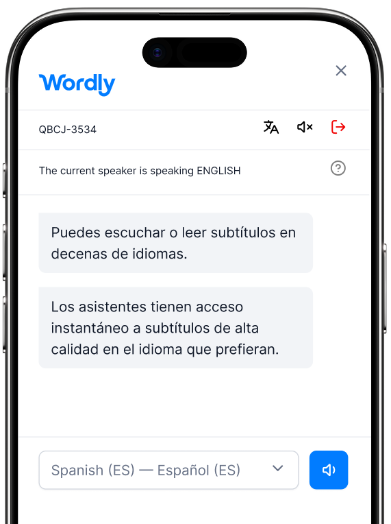Wordly mobile captions interface showing live translation
