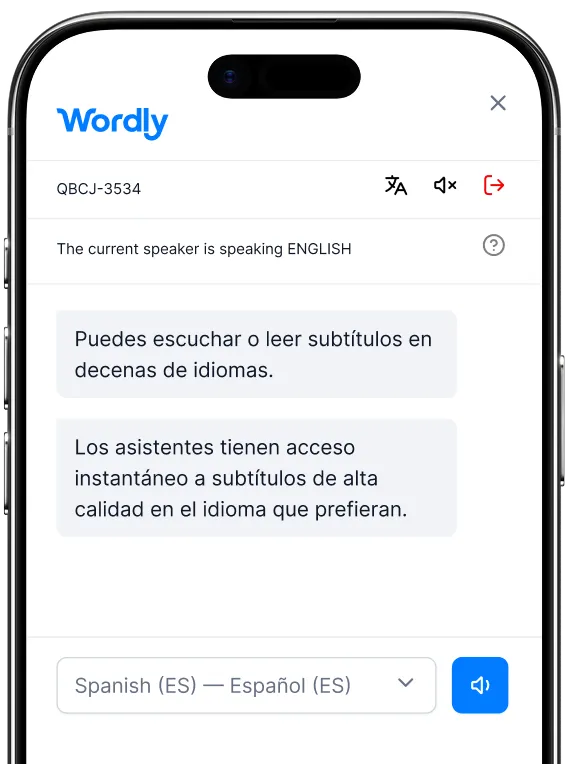 Wordly mobile captions interface showing live translation