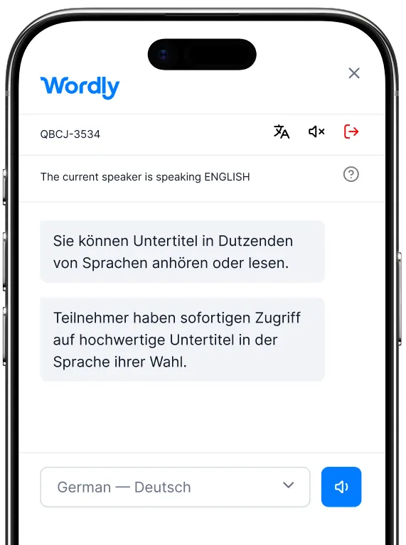 Wordly Mobile Untertiteloberfläche mit Live-Übersetzung
