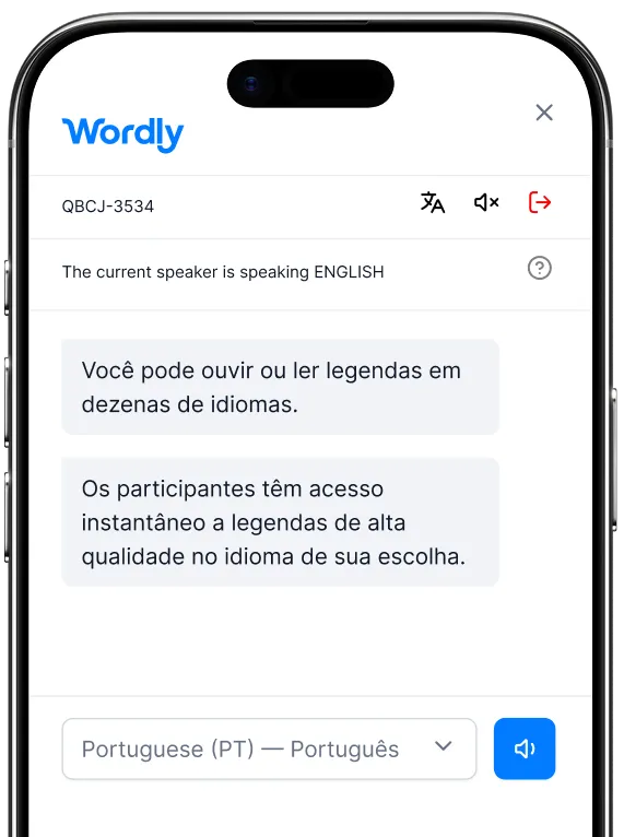Interface de legendas móveis do Worldly mostrando tradução ao vivo