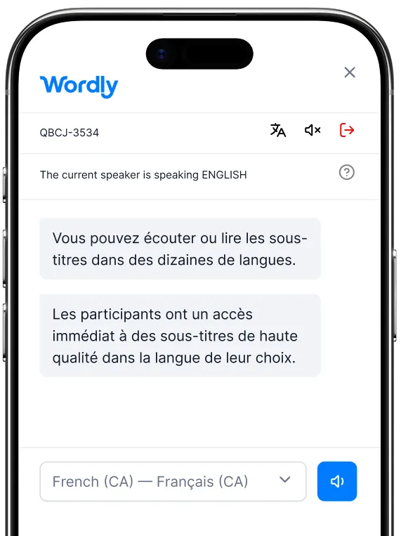 Interface de sous-titrage mobile de Wordly affichant une traduction en direct