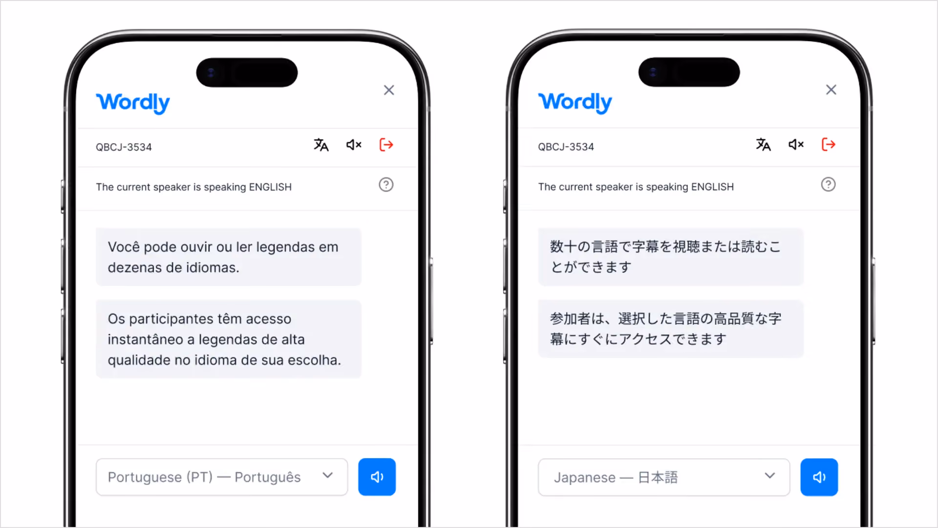 Wordly AI captions displayed on a mobile phone, showing real-time translated captions in different languages.