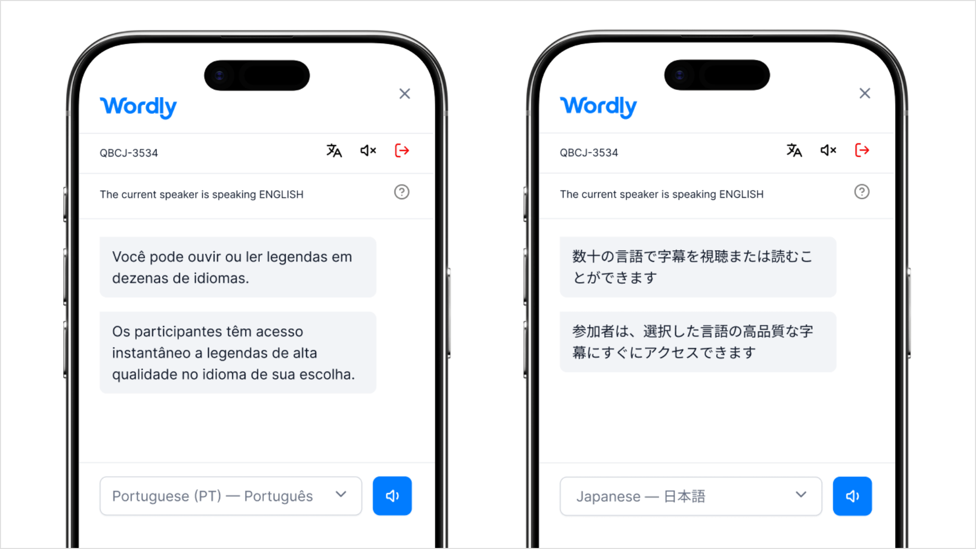 Wordly AI captions displayed on a mobile phone, showing real-time translated captions in different languages.