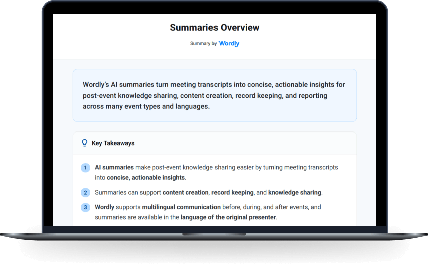 Example of Wordly event summary output which includes an overview, key takeaways, and a summary of the session