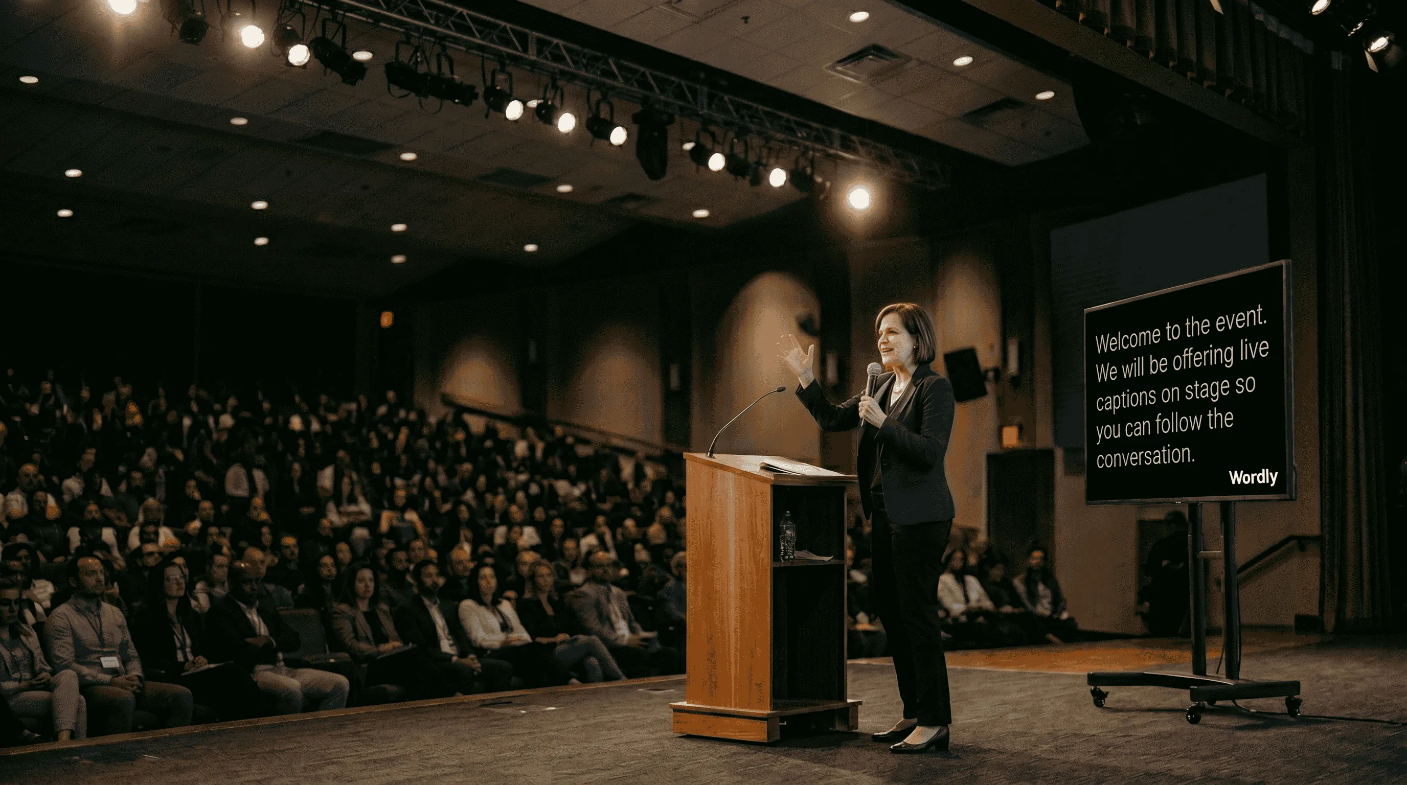 Presenter speaking on stage at a conference while Wordly Display Mode shows live captions on a large on-stage monitor