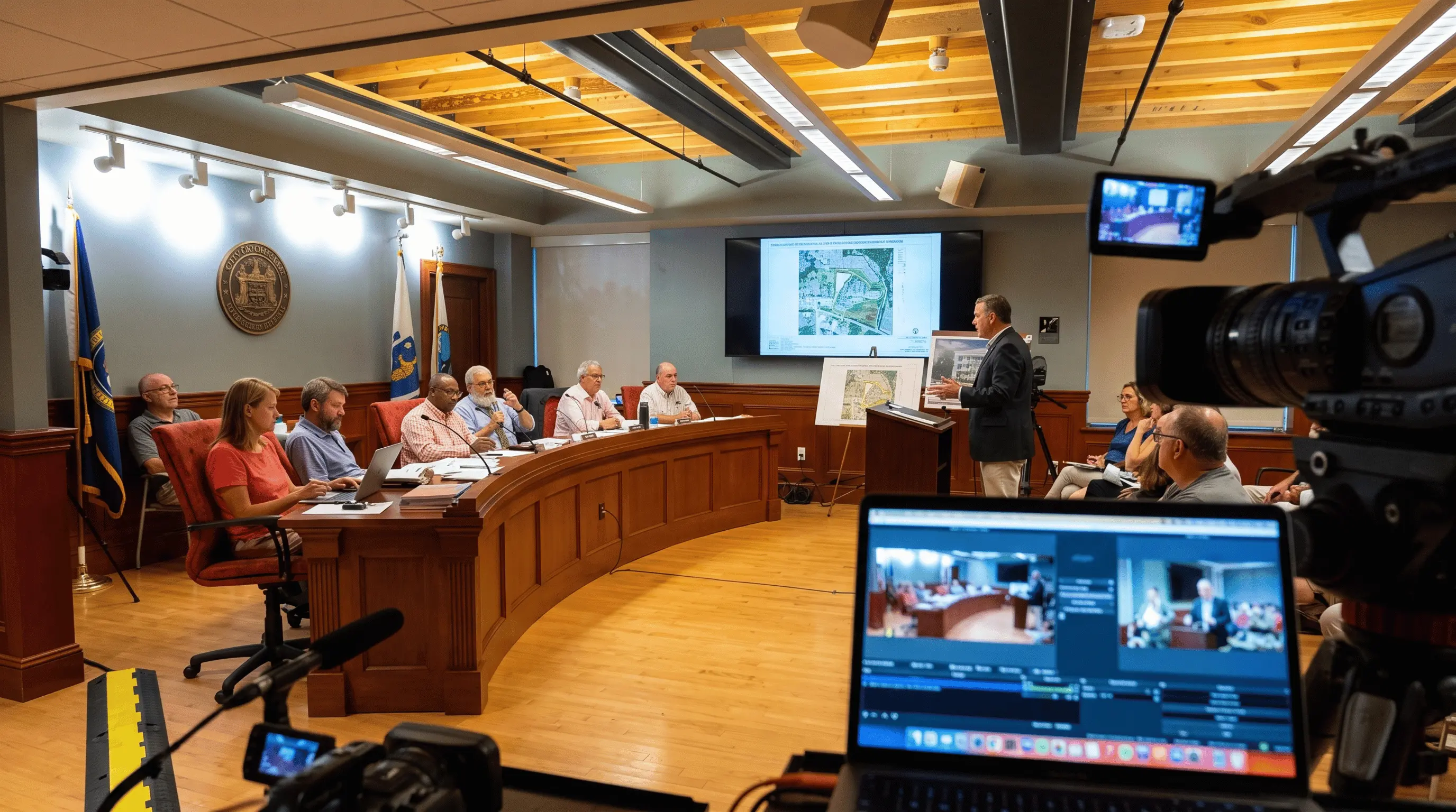A public meeting with broadcast equipment