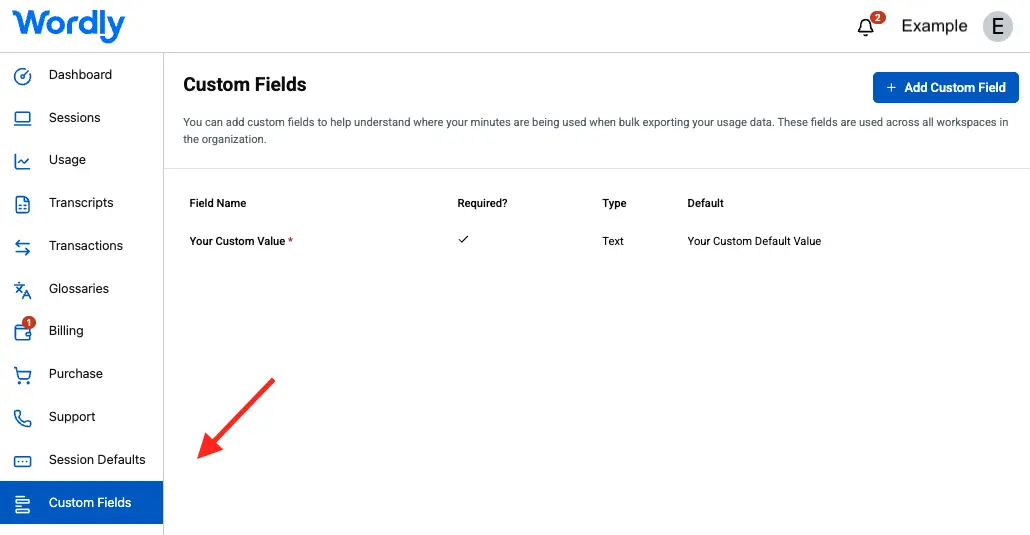 Wordly Custom Fields menu for managing projects across the organization