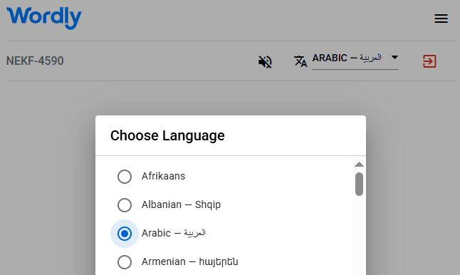 List of Wordly interpretation languages, including Arabic