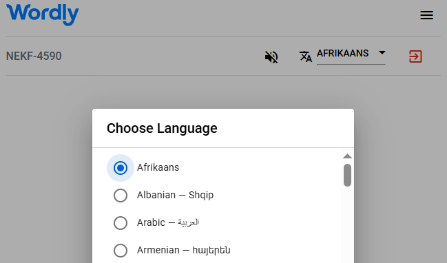 List of Wordly interpretation languages, including Afrikaans