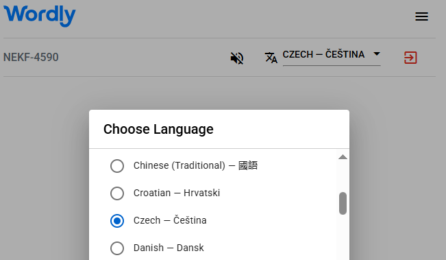 List of Wordly interpretation languages, including Czech
