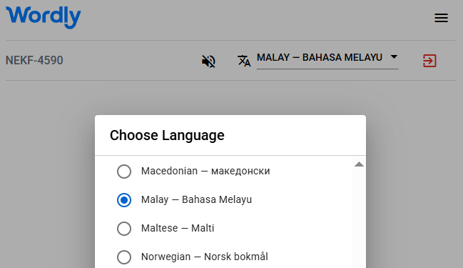 List of Wordly interpretation languages, including Malay